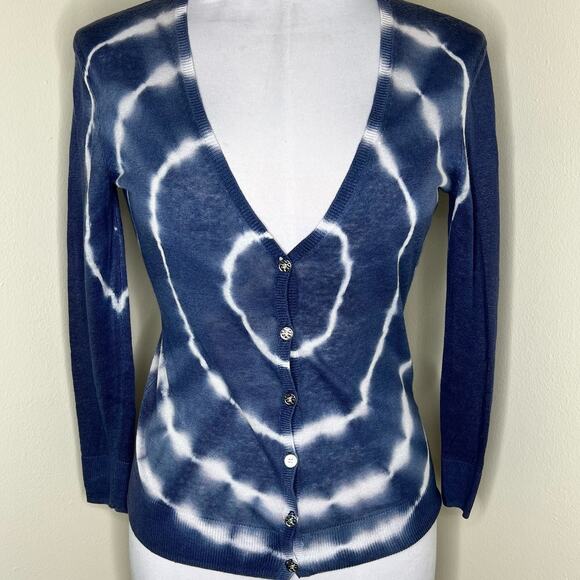 Tory Burch Dabny Cardigan Sweater XS Linen Blend Blue Tie Dye Woven Designer - Picture 1 of 8